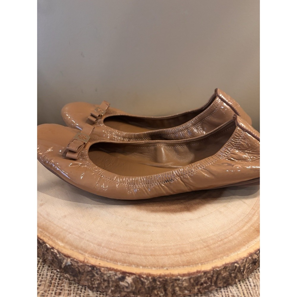 Tory Burch Eddie Bow Patent Ballet Flats Size 10.5‎ Royal Tan.